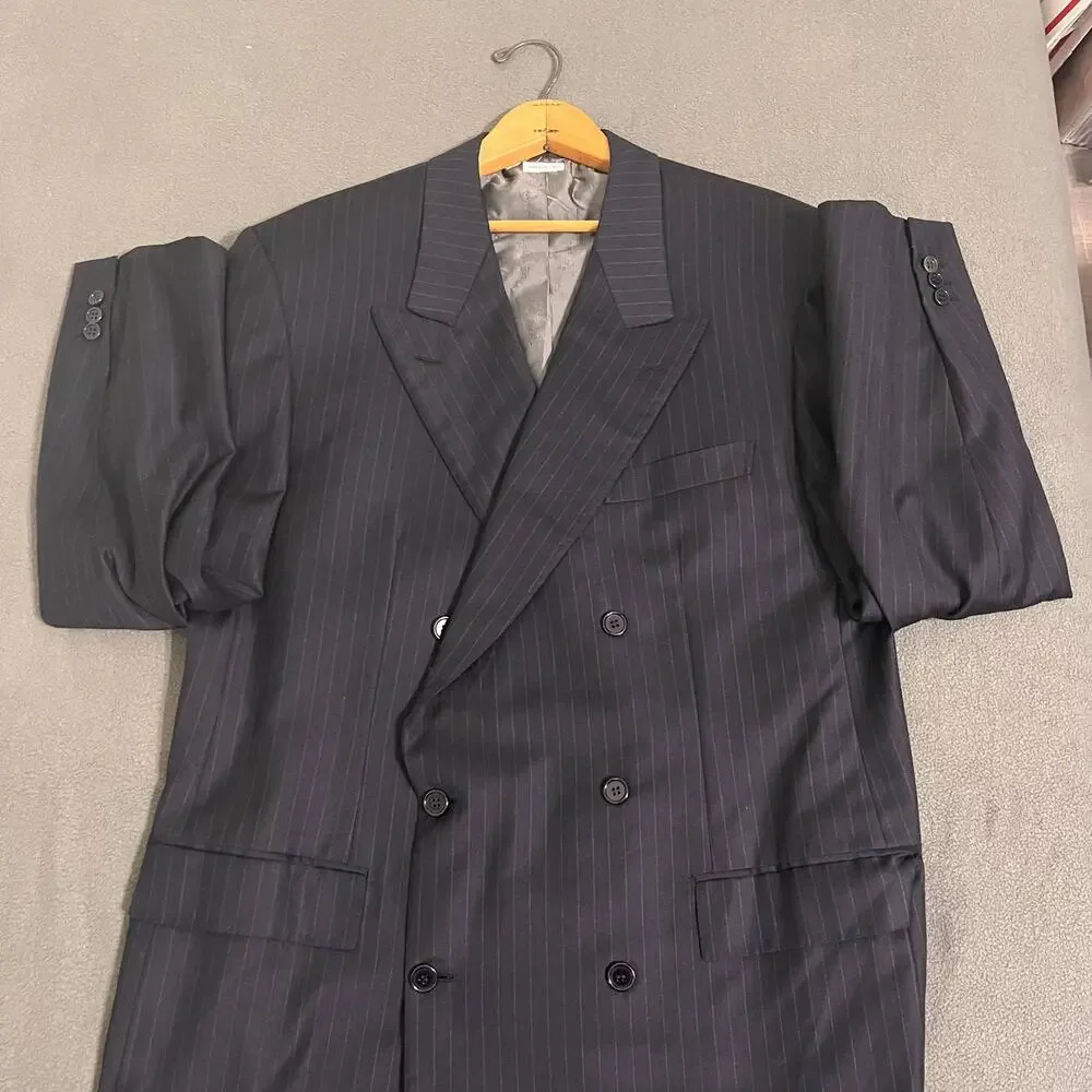 Brioni Roma Wool Blazer Mens 44R Navy Double Breasted Pinstripe Sport Coat FLAW